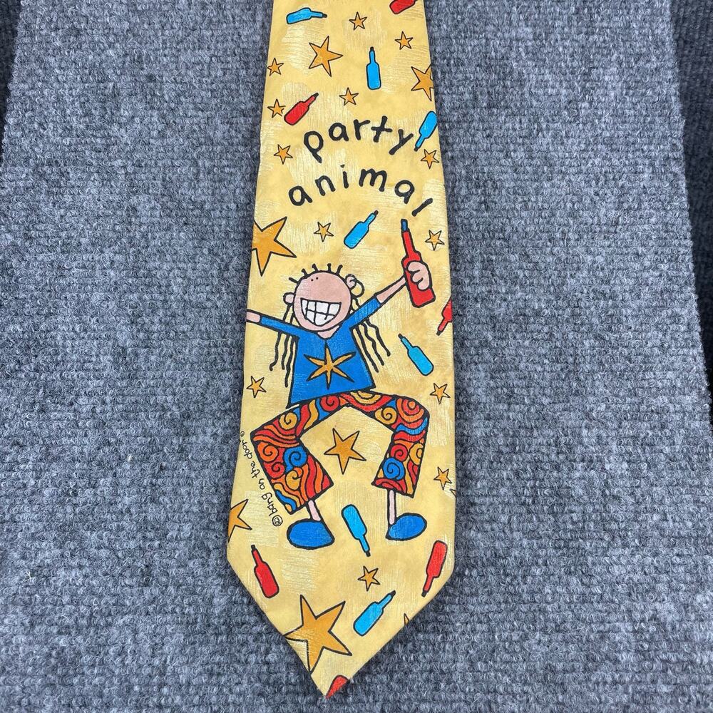 VTG Bang On The Door "Party Animal" Tie 3.5"X58.5" Yellow Geometric Allover Fun